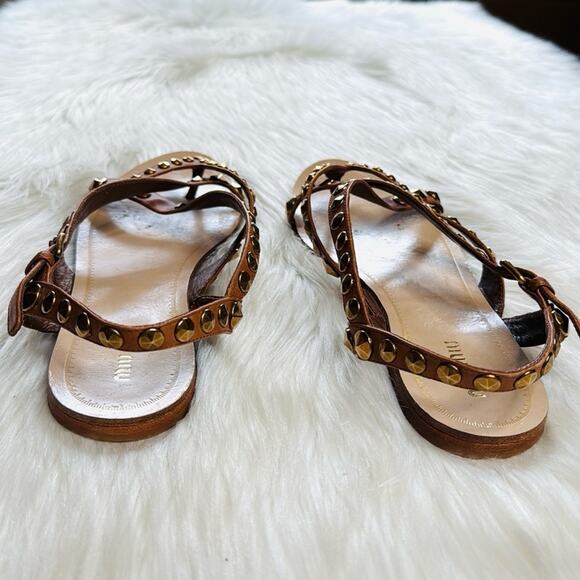 Miu Miu Brown Gold Studded Leather Sandals - Picture 4 of 9